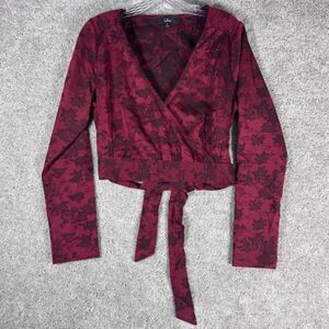 Lulus Wrap Crop Top Burgundy Floral Long Sleeve Tie Waist Women's Size M